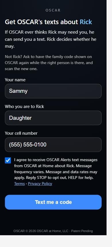 The OSCAR sign-up form on a phone: name, relationship, mobile number, and the consent checkbox with the disclosure text